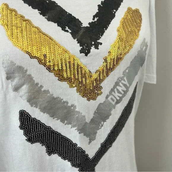 DKNY Ruched Puff Sleeve Mixed Media Logo Tshirt - Picture 3 of 6